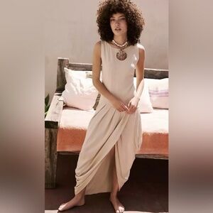 Free People Leana Midi Linen Dress Pleated Tan Cream Size XS Sleeveless Tank